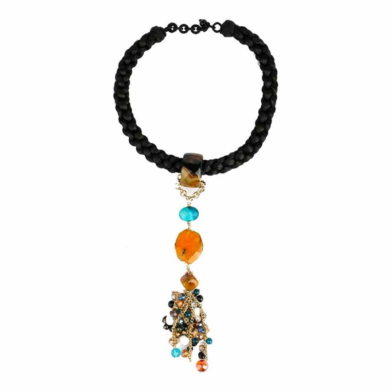 collier africana cordon tresse noir avec des pierres d'agates miel