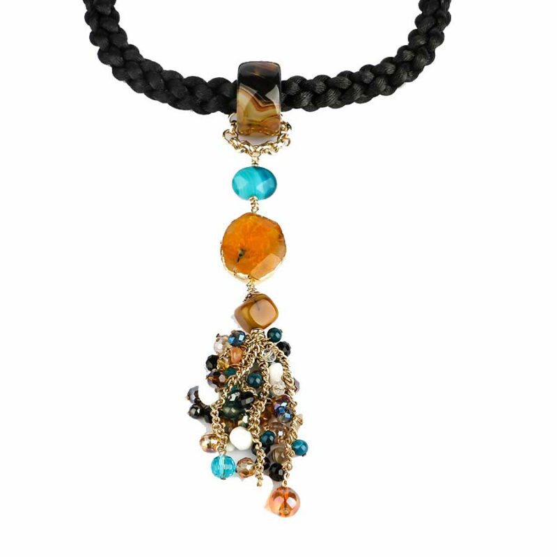 collier africana cordon tresse avec des pierres d'agate miel