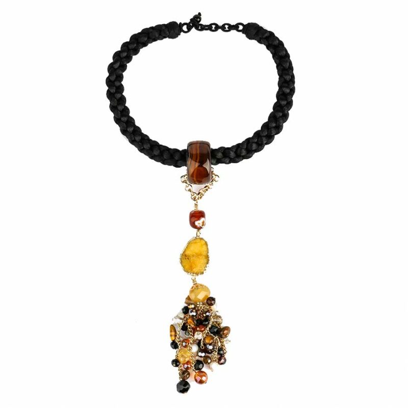 collier africana cordon tresse eavec des pierres d'agates jaune