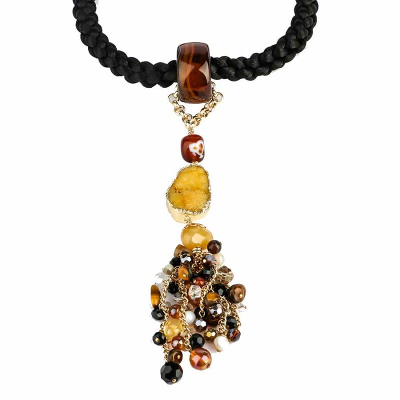 collier africana cordon tresse eavec des pierres d'agates